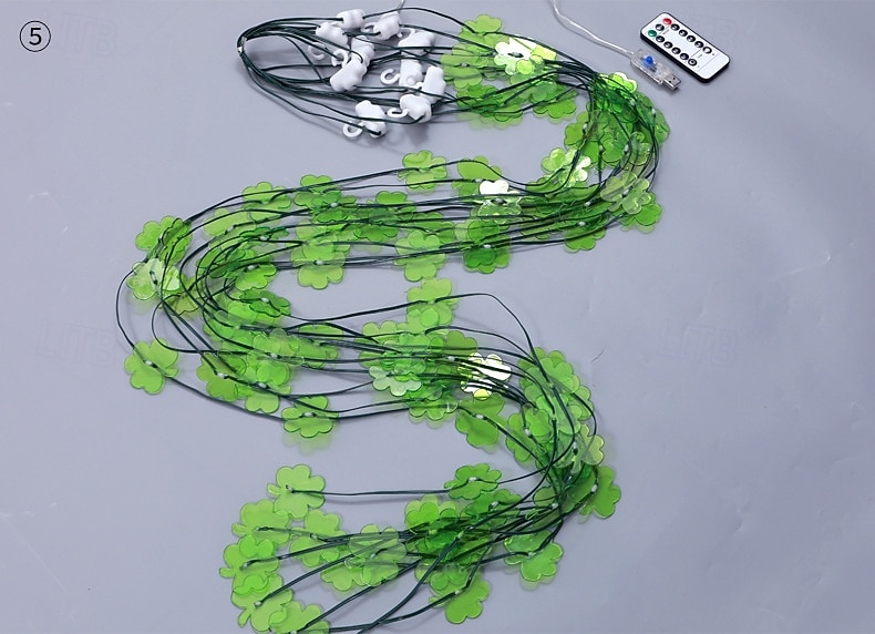 Irsk kløverlignende gardinlyslenke til St. Patricks dag, 3 m bredde, grønt lys, USB-drevet, 8 funksjoner med fjernkontroll, innendørs soverom, stue, balkong, festdekorasjon 2026 - $26.99 –P2