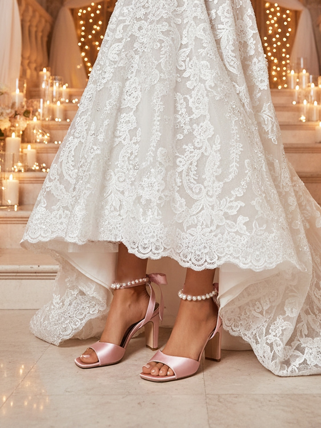 Damskie fioletowe satynowe szpilki ślubne z perłowym paskiem wokół kostki i kokardką, eleganckie sandały ślubne z odkrytymi palcami dla panien młodych, luksusowe buty na wysokim obcasie do ceremonii 2026 - $59.99 –P2