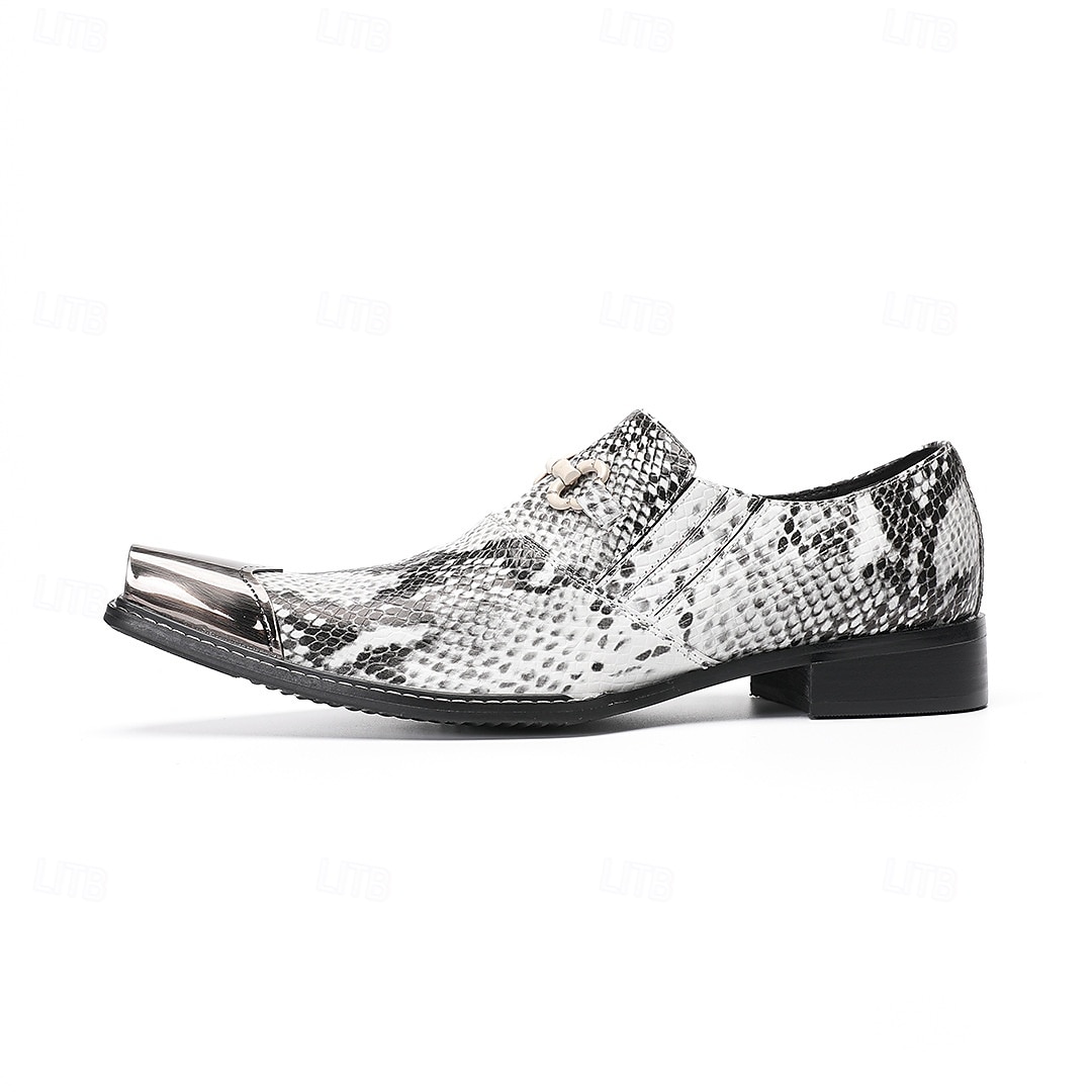 Men's White Snake Print Slip-On Shoes with Metal Accents – Stylish Formal Shoes for Evening Wear and Fashion-Forward Occasions 2026 - $119.99 –P4