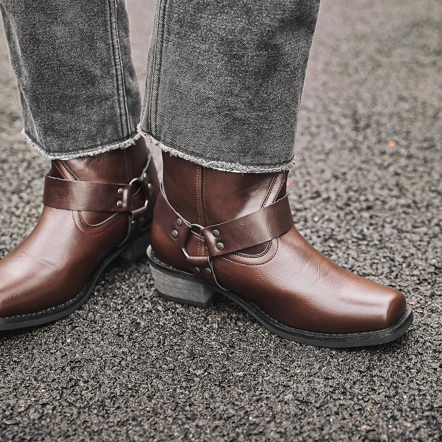 Herre Støvler Cowboy Western støvler Retro Gange Fritid Daglig PU Bekvem Støvletter Tøfler Mørkebrun Gulbrun Svart Vår Høst 2026 - $64.99 –P3