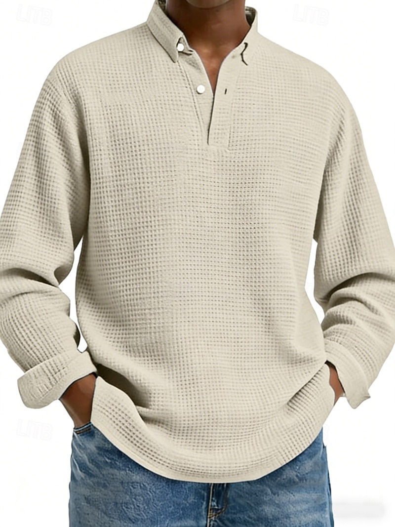 Hombre Camisetas polo con diseño de gofre Camisetas polo Casual Calle Diseño Manga Larga Básico Moderno Plano Botones Primavera Otoño Ajuste regular Negro Blanco Rojo Azul Marino Albaricoque 2026 - $29.99 –P2