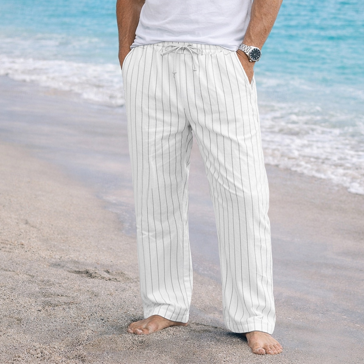 Men's Linen Pants Trousers Summer Pants Baggy Pants Drawstring Elastic Waist Straight Leg Striped Comfort Breathable Full Length Casual Daily Holiday Fashion Classic Style Blue Black Micro-elastic 2026 - $24.99 –P8
