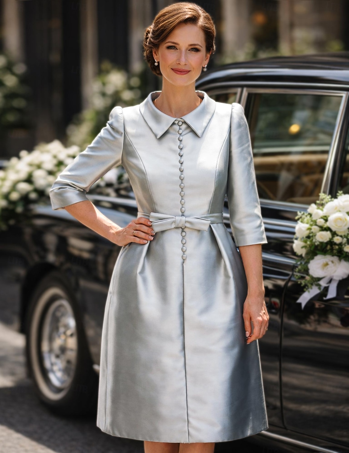 Schlauchkleid Knielang Partykleid Cocktailkleid Kleid für Hochzeitsgäste Brautmutterkleid Dreiviertelarm Hemdkragen Elegant Minimalistisch Hochzeitsgast Cocktailparty Formeller Abend Stretch Satin mit 2026 - $126.99 –P4