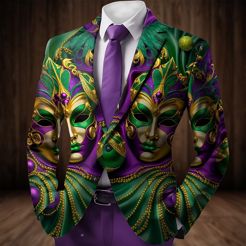 2026年 カーニバル 男性用 マスク ブレザージャケット コート ファッション 快適 高通気性 アーティスティック カジュアル パーティーイブニングウェア カジュアル 祭り ポケット 3Dプリント ボタン オールシーズン ノッチドラペル 長袖 パープル グリーン  コレクション – $85.99 –P1