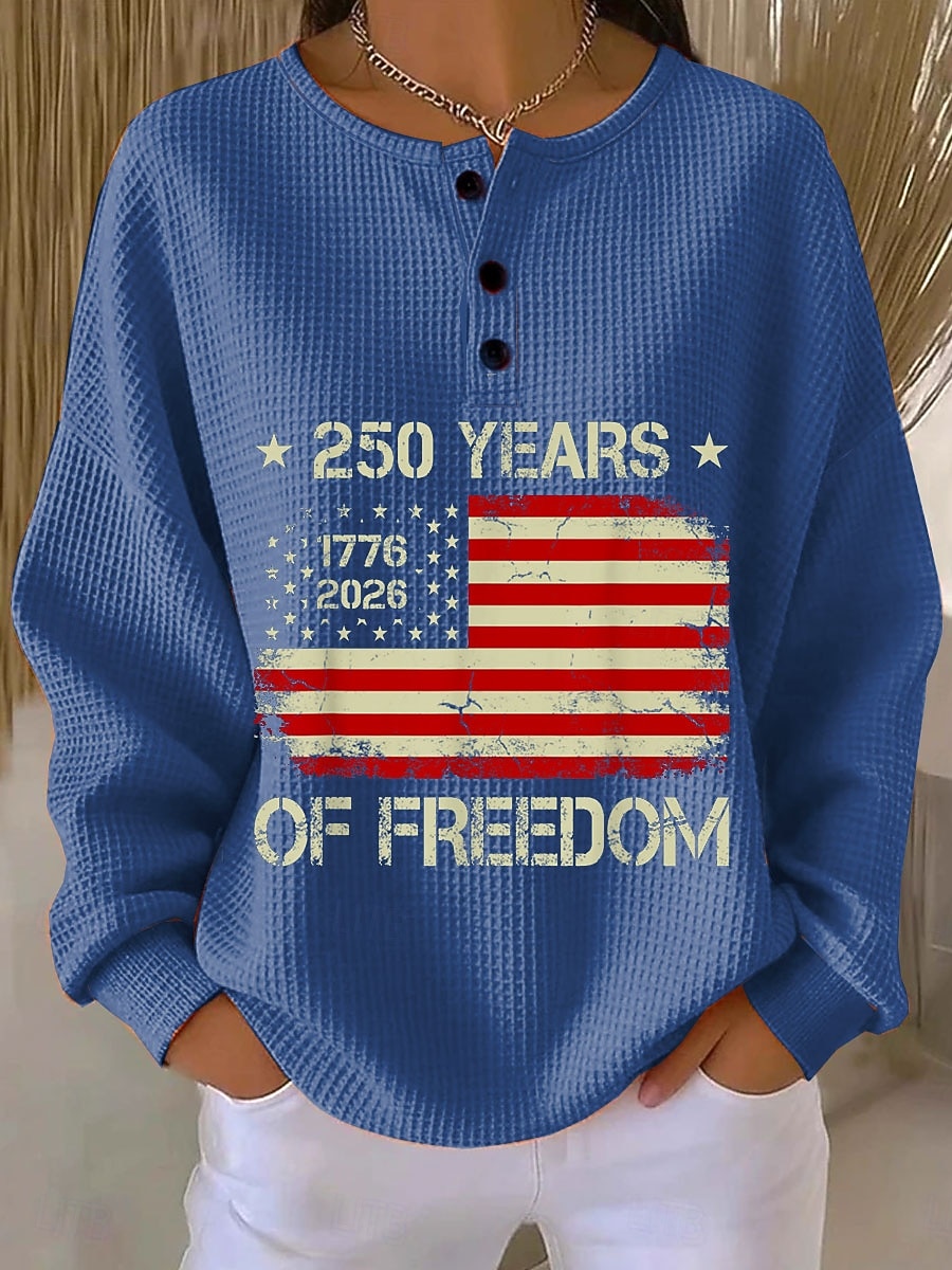بلوزة نسائية بمناسبة عيد الاستقلال الأمريكي - تصميم حرفي - موضة عصرية وغير رسمية - بأكمام طويلة - قبة دائرية - مطبوعات يومية في الشارع - أزرار 2026 - $28.99 –P1