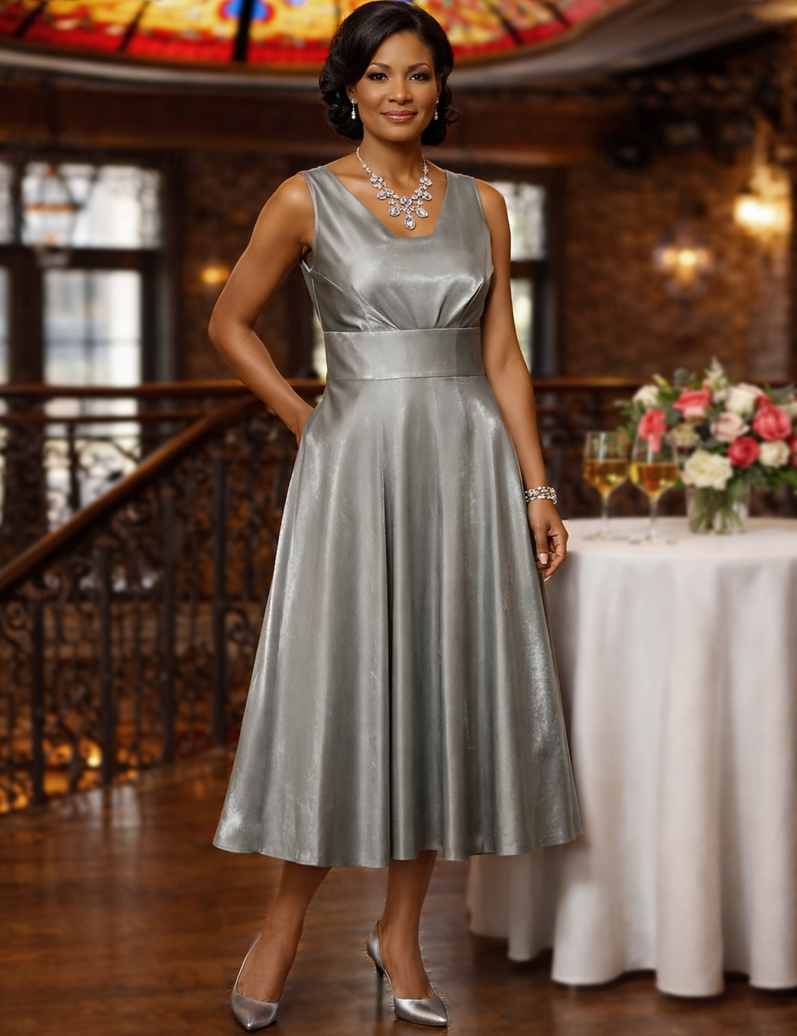 Two Piece A-Line Tea Length Wedding Guest Dress Mother of the Bride Dress  3/4 Length Sleeve Square Neck Elegant Vintage Plus Size Wedding Guest Jacket  Dresses with Ruching 2026 - $164.99