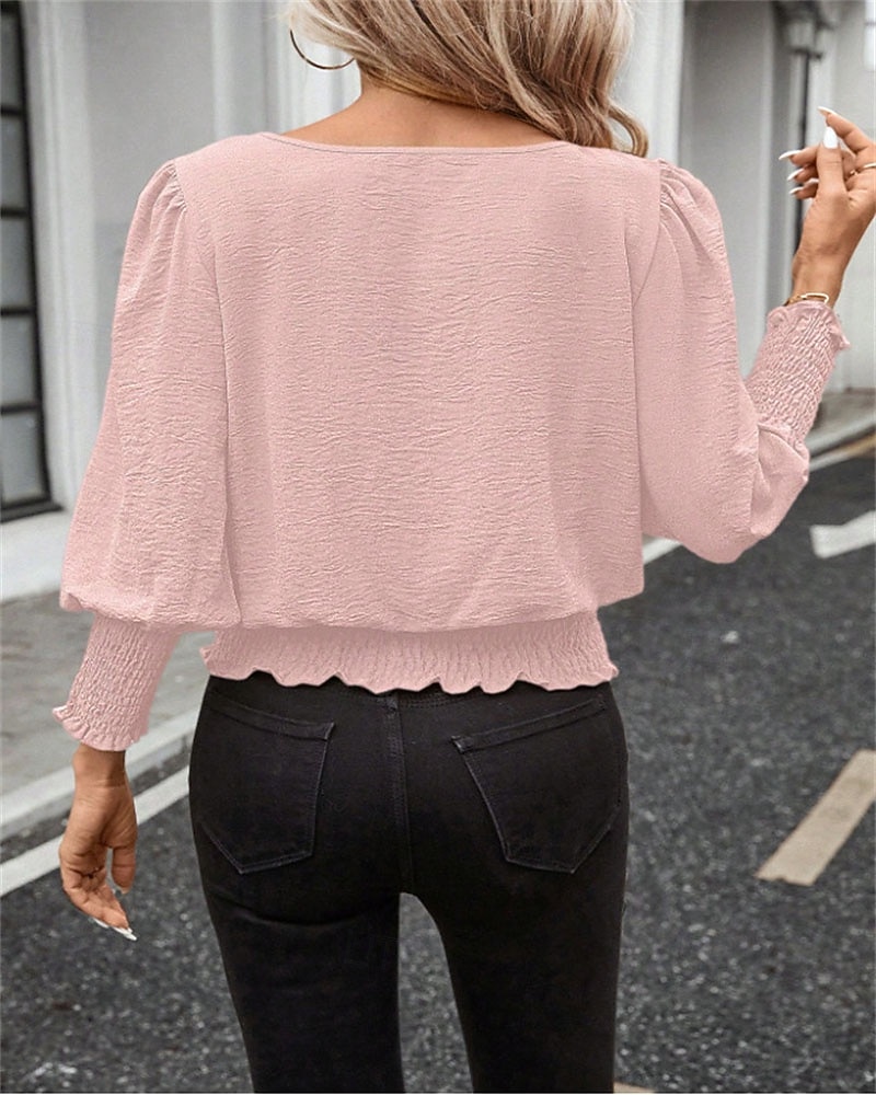 Per donna Blusa Top Eleganti Arricciato Patchwork Tinta unica Semplice Elegante Vintage Signore Manica Lunga Girocollo Top Regolari Quotidiano Lavoro Uscire Blu Nero Bianco Rosa Verde Estate Primavera del 2026 a $25.99 –P6