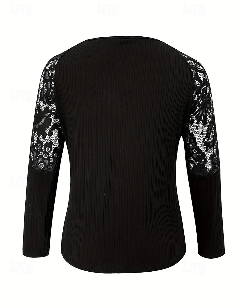 Per donna Blusa Pizzo Patchwork Semplice Elegante Manica Lunga Scollo a V Top Regolari Ferie Uscire Nero Estate Primavera Autunno del 2026 a $29.99 –P4