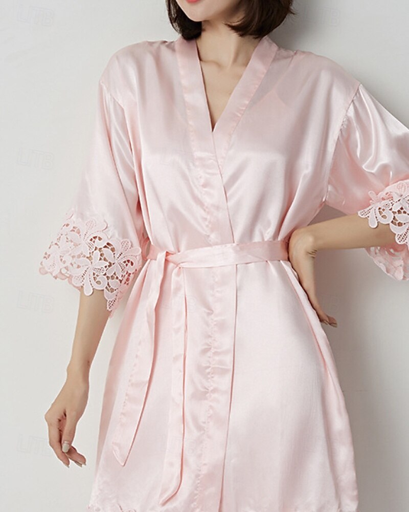 Women's Robe Casual Soft Satin Pure Color Lace Daily Home Bed Half Sleeve V Neck White Champagne Pink Wine Summer Loose Fit 2026 - $23.99 –P3
