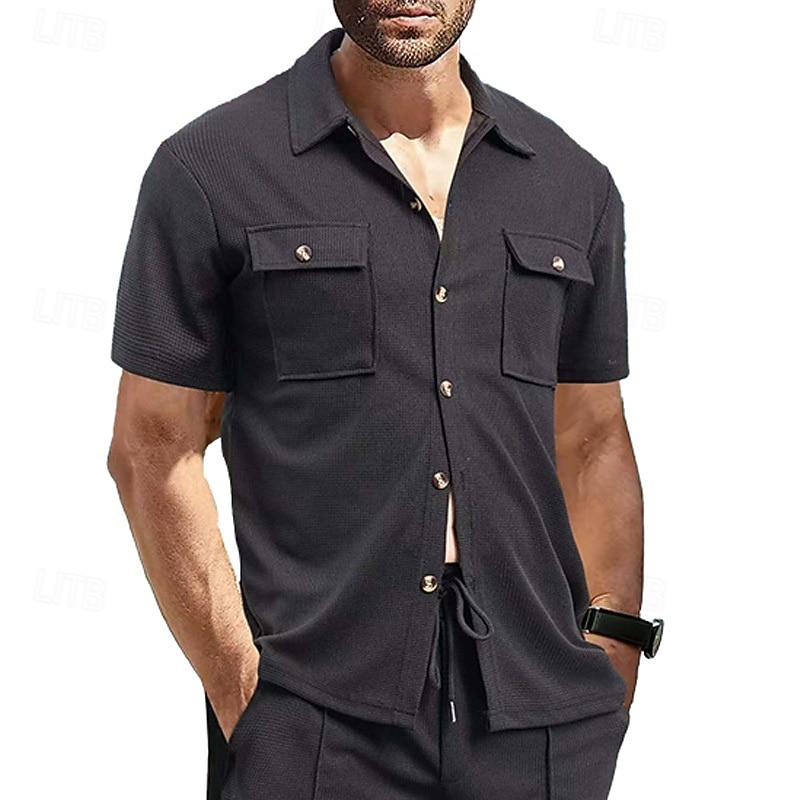 Herren Hemd Waffelhemd Freizeithemd Knopfhemd Schwarz Weiß Burgunderrot Dunkelgrün Kaki Kurzarm Einfach Hemdkragen Lässig Täglich Fronttasche Bekleidung Elegant Mode Lässig 2026 - $22.99 –P4