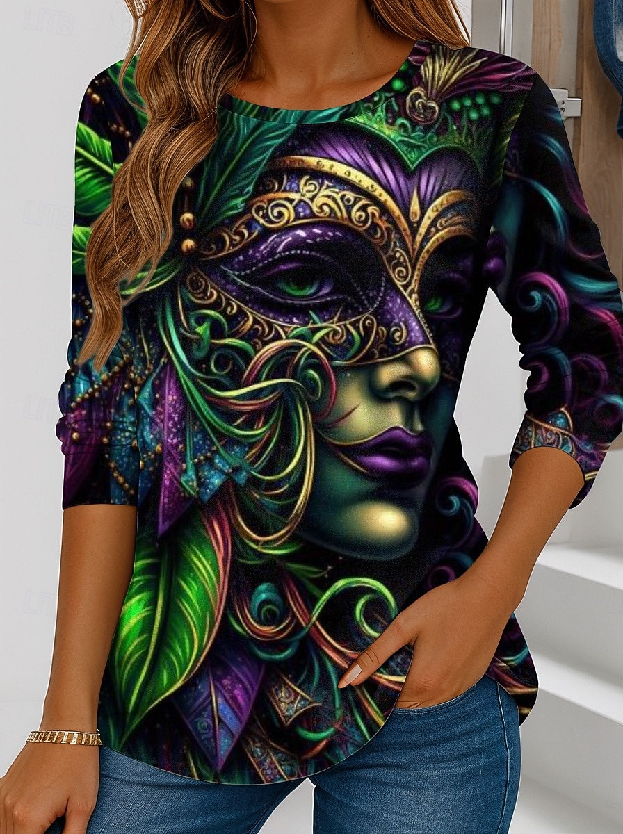 T-shirt da Donna Carnival Grafica Geometrica Vintage Elegante Classica Maniche Lunghe Collo Giro Regular Tops Stampa Quotidiana Weekend Giallo Verde Scuro Viola Primavera Autunno del 2026 a $24.99 –P1
