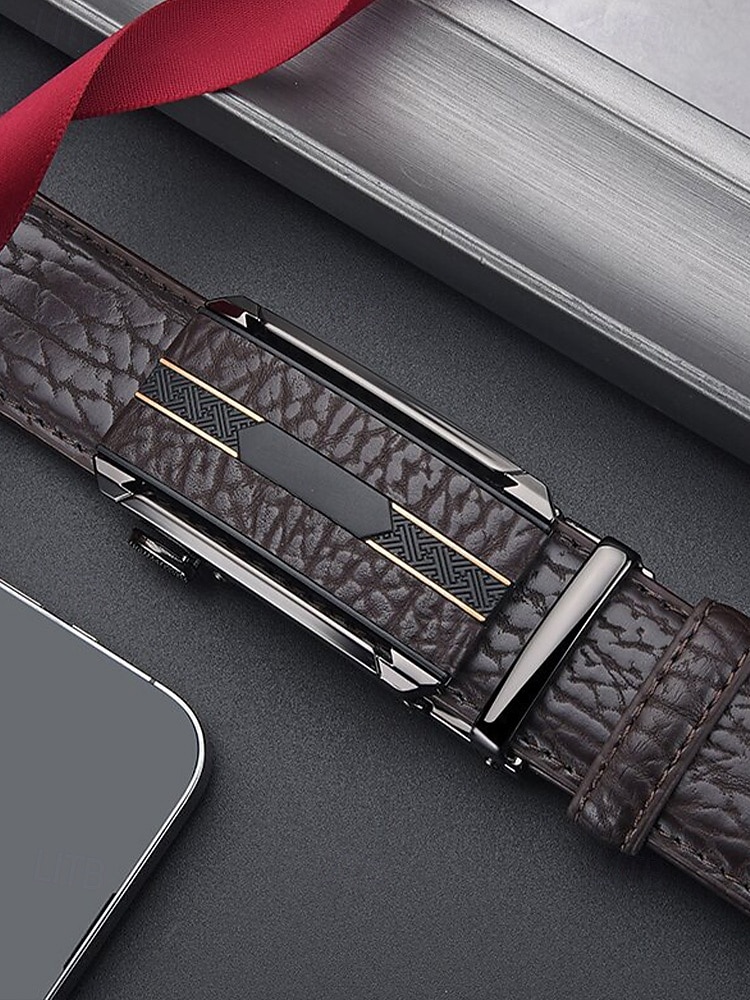 cintura da uomo in similpelle, fibbia automatica con finitura testurizzata, stile classico formale, colori nero e caffè, per matrimoni, abbigliamento da lavoro e abiti casual eleganti del 2026 a $11.99 –P6