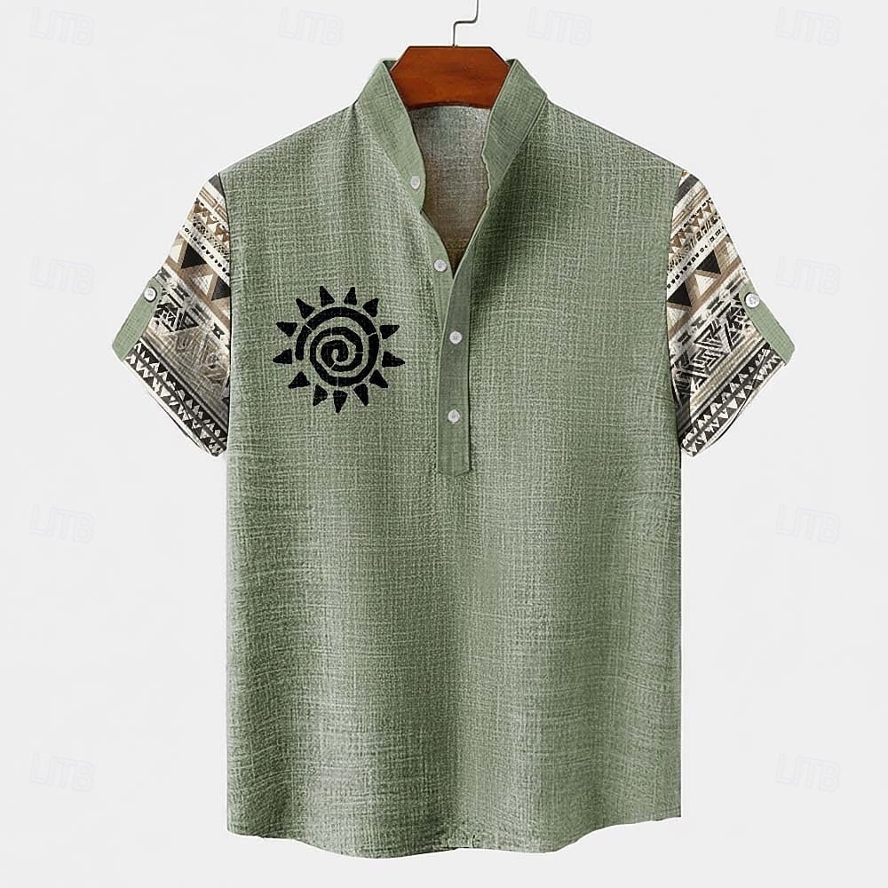 Per uomo Tribale Etnico Totem del sole Camicia Camicia button-down Manica Corta Vintage Retrò Ferie Casual Quotidiano Estate Primavera Colletto Mao Colletto Henley Stampa 3D Camicia tipo lino Cáqui del 2026 a $25.99 –P3