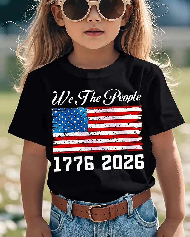 100% Baumwolle Kinder Mädchen Schwarz Grafik USA Flagge 250-jähriges Jubiläum Amerikanische US-Flagge für Kinder T-Shirt Rundhalsausschnitt Kurzarm Urlaub Sport & Outdoor Alltagskleidung Hawaiianisch 2026 - $19.99 –P1