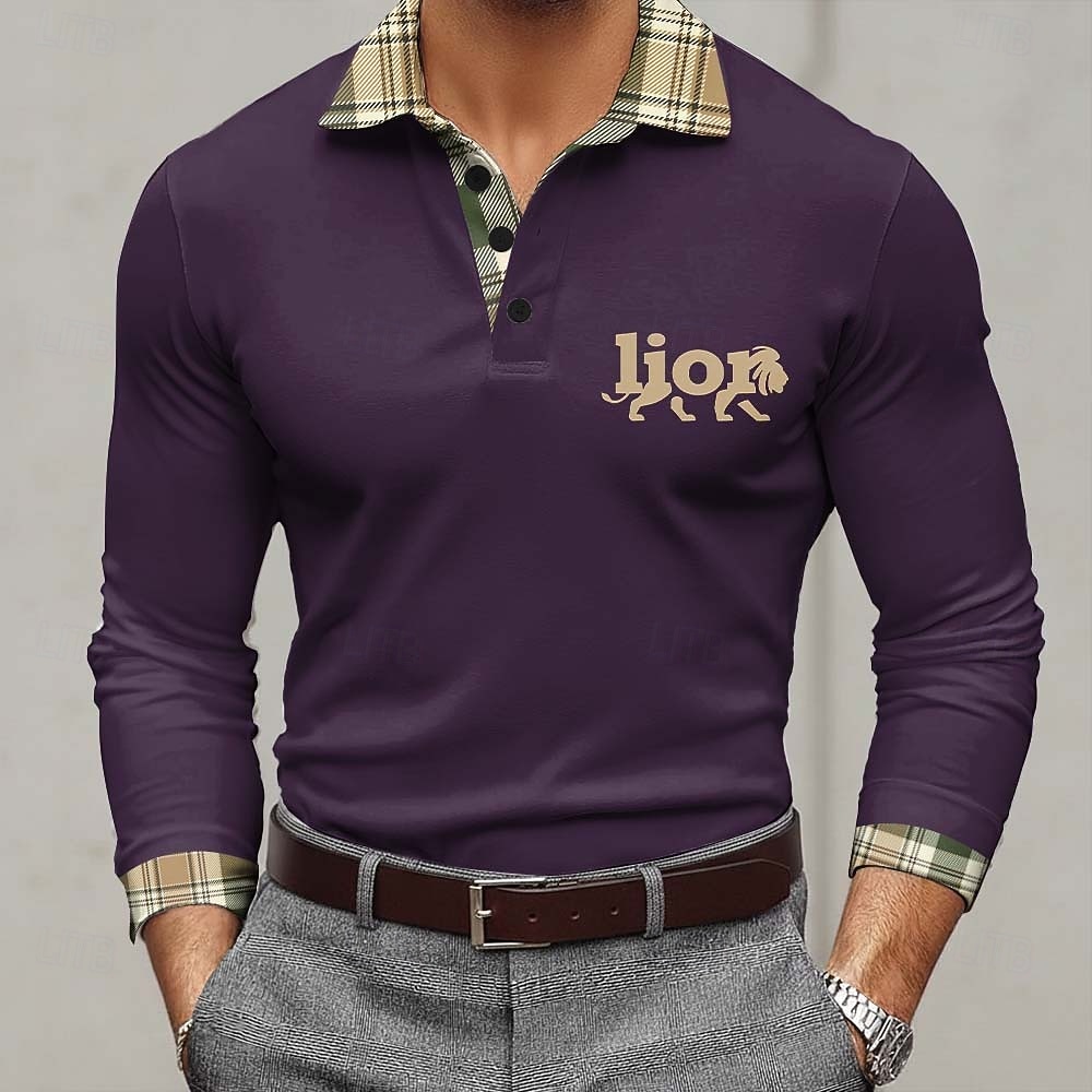 Herr Lejon Polo Långärmad Polotröjor Kavajslag Business Casual Utomhus Gata Fritids- Dagliga kläder 3D-utskrift Knappar Vår Höst Blå Rubinrött Purpur 2026 - $22.99 –P4