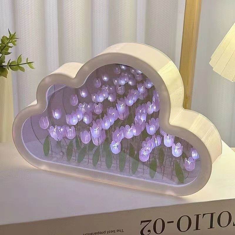 Lampka nocna z lustrem i chmurką w kształcie tulipana, dekoracyjna lampka nocna z symulowanym kwiatem, dekoracja stołu do salonu, prezent dla przyjaciółki dziecka, ozdoba na biurko tworząca atmosferę 2026 - $17.99 –P1