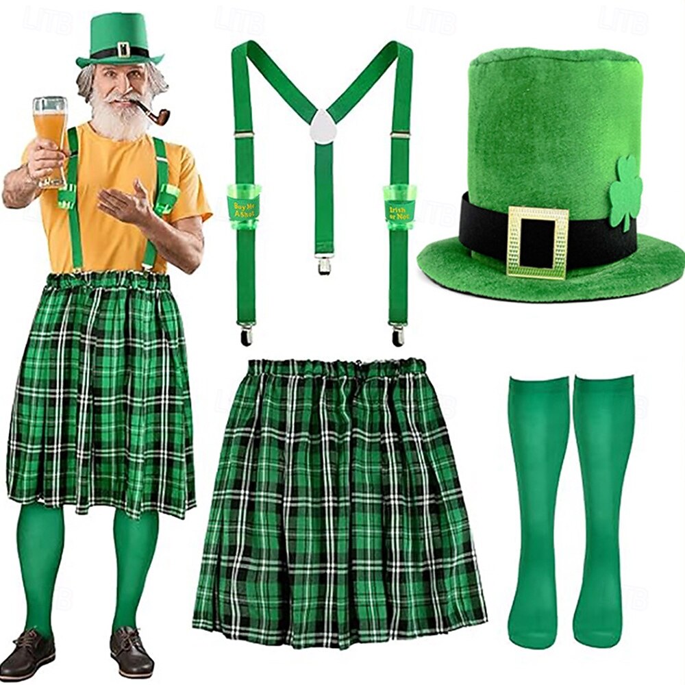 St. Patrick 2026 Leprechaun Shamrock Irish Carnival Fancy Costume Kilts Y-Back Suspenders Novelty Funny Adults' Men's Saint Patrick's Day Casual Party Easy Carnival Costume Dress Up 2026 - $38.99 –P5