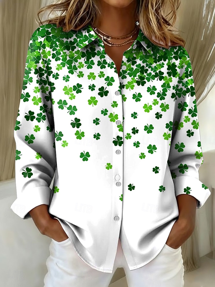 Saint Patrick's Day Dam Blus Knappar Mönster Grafisk Vitklöver Vintage Stylish Ledigt Långärmad Tröjkrage Vanliga toppar Dagligen Arbete Svart Vit Ljusgrön Grön Sommar Vår Vinter 2026 - $32.99 –P1