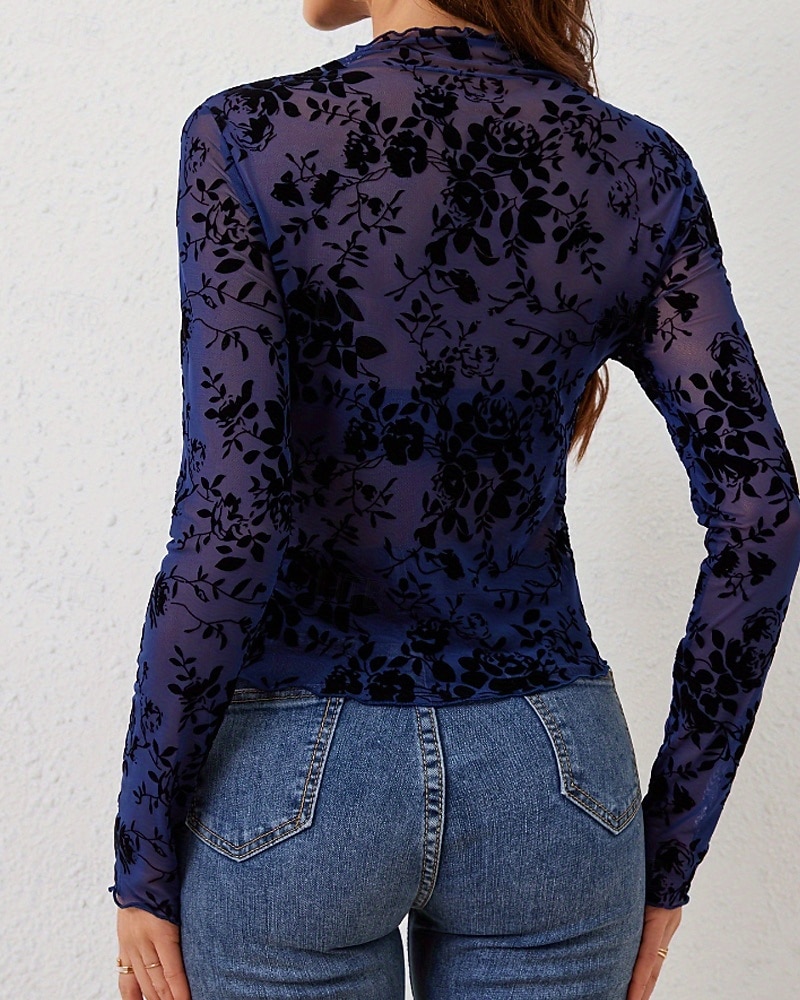 Per donna Blusa Rete Floreale Elegante Manica Lunga Collo Alto Top Regolari Quotidiano Ferie Uscire Nero Blu marino Estate Primavera del 2026 a $25.99 –P4