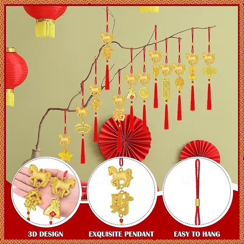 12/24 pieces 2026 Year of the Horse Hanging Ornaments Spring Festival Decorations Auspicious Pendants Tassel Accessories Wealth-Attracting Decor Home Kitchen Potted Plants Car Ornaments Horse 2026 - $24.99 –P5
