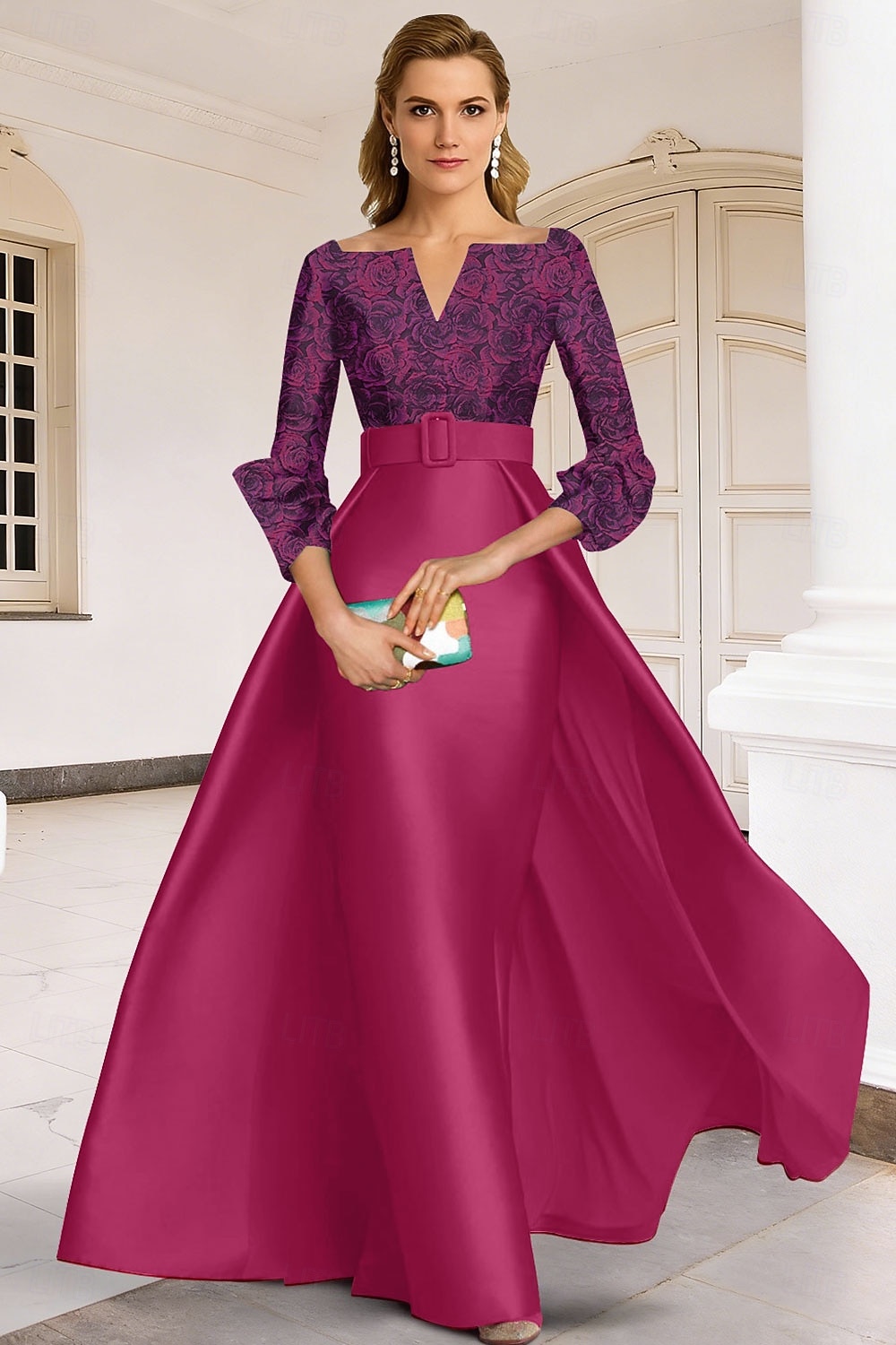 A-linja Kokopitkä Iltapuku Tyylikäs Kukka-aihe Morsiamen äiti 3/4 hiha V kaula-aukko Puutarhajuhlat Häät Satiini Pitsi kanssa Laskokset 2026 - $175.99 –P4