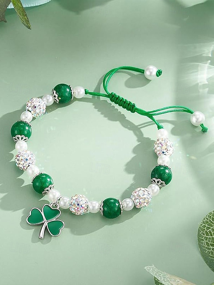 Set med shamrockarmband och örhängen i legering och akryl för kvinnor, gröna och vita pärlor, perfekt för St. Patricks dag och vardagsbruk 2026 - $11.99 –P5