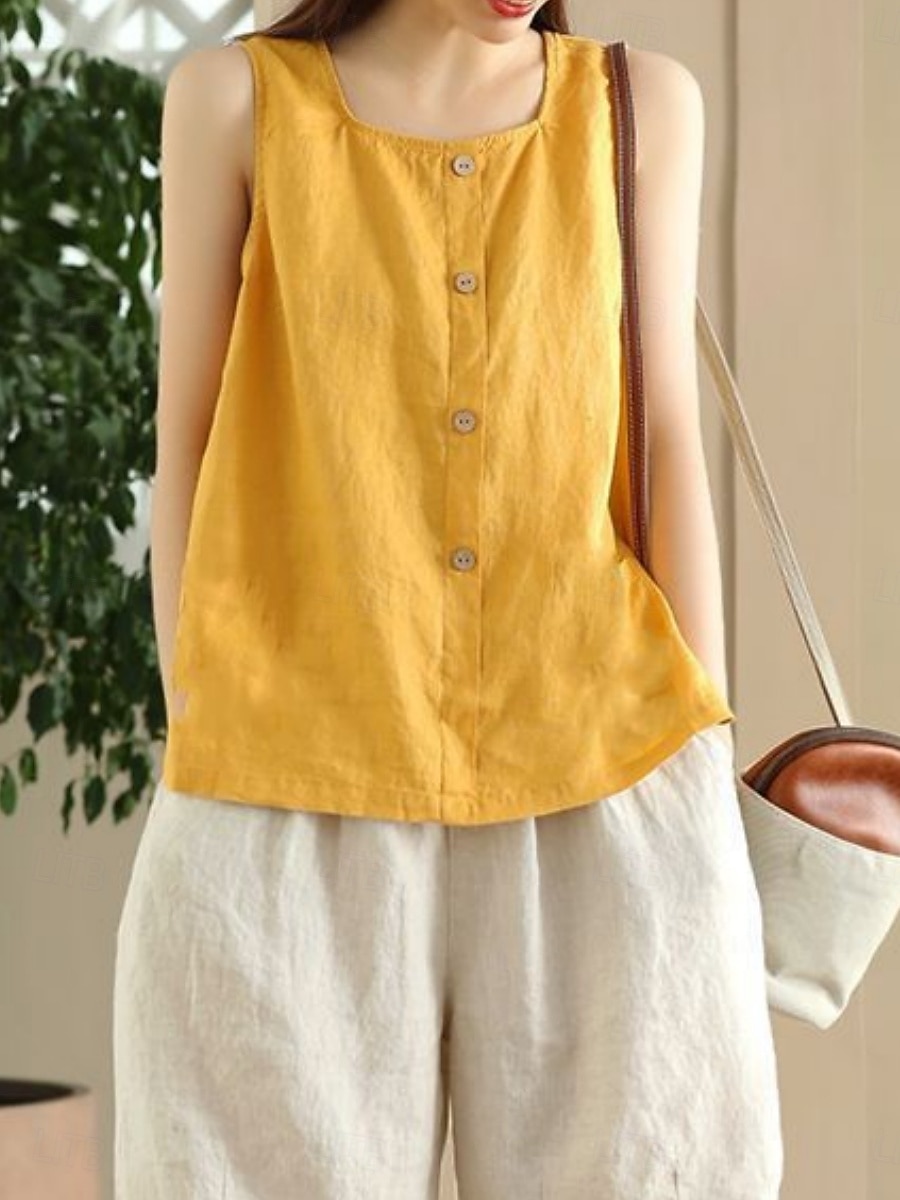 Női Pamut vászon mellény Fodrozott Gombok Tömör szín Stílusos Alap Alkalmi Ujjatlan Szögletes Normál felsők Napi Medence Sárga Barna Nyár Tavasz 2026 - $21.99 –P2