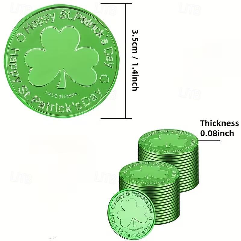 100 monedas de oro para el Día de San Patricio, monedas de la suerte de oro y verde, monedas de duende de trébol de plástico, moneda de trébol de 3 hojas para decoración de fiestas. 2026 - $19.99 –P2