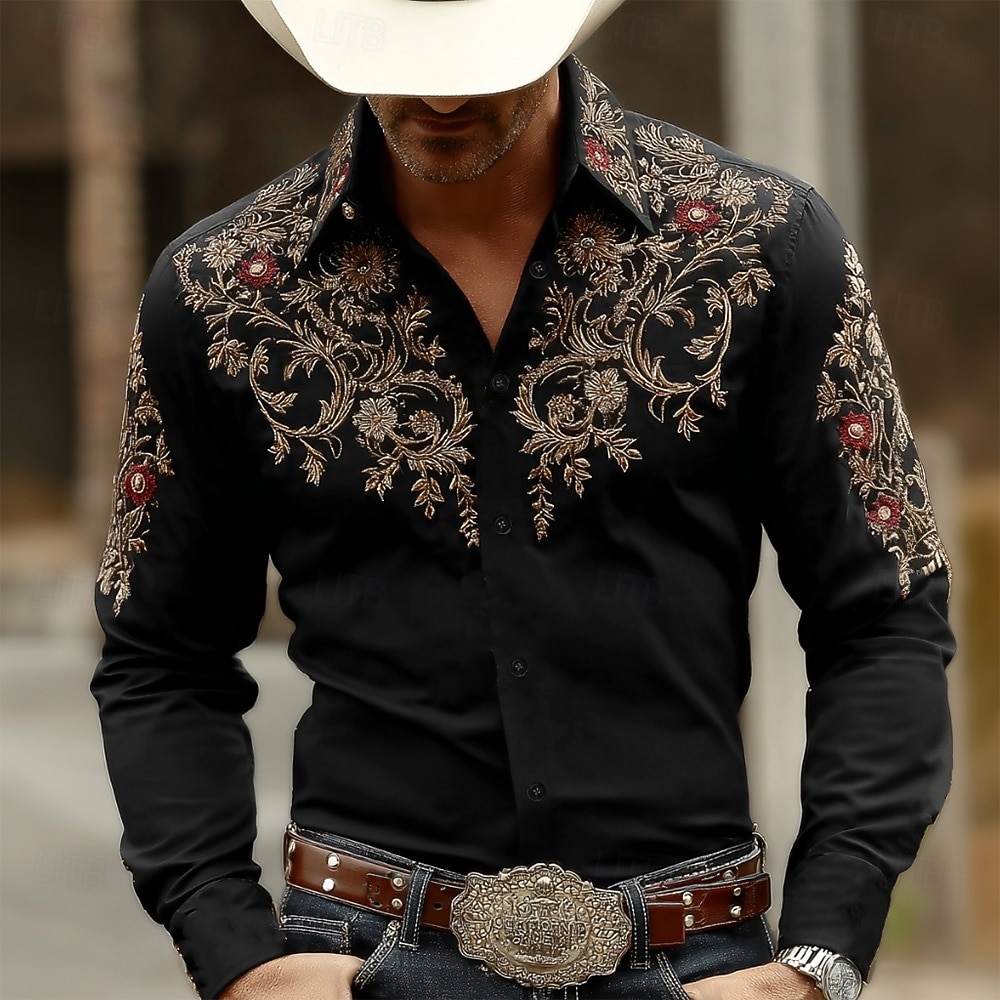 Men's Paisley Floral Print Ethnic Shirt Western Shirt Cowboy Shirt Long Sleeve Vintage Retro Casual Outdoor WorkWear Spring Fall Turndown 3D Print Button Up Shirts Black+ Khaki Black / Green Black 2026 - $27.99 –P1