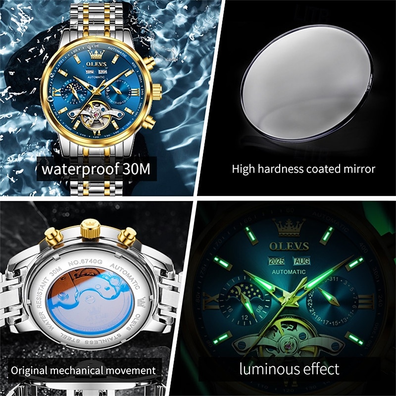 The New Olevs Men'S Business Watch With Luminous Perpetual Calendar Date And Day Display Multi-Functional Mechanical Watch Skeletonized Casual And Fashionable Waterproof Sports Men'S Wristwatch 2026 - $116.99 –P9