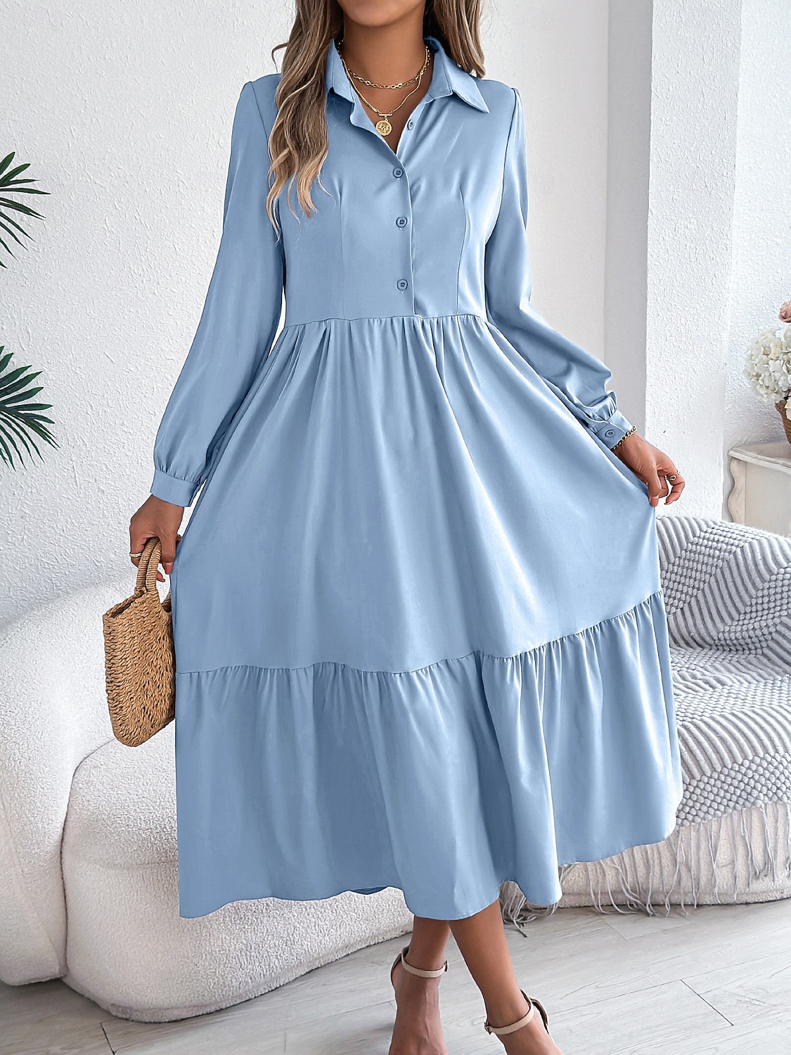 Women's Midi Dress A Line Dress Casual Daily Regular Fit Plain Long Sleeve Lapel Blue Navy Wine Green Spring 2026 - $36.99 –P8