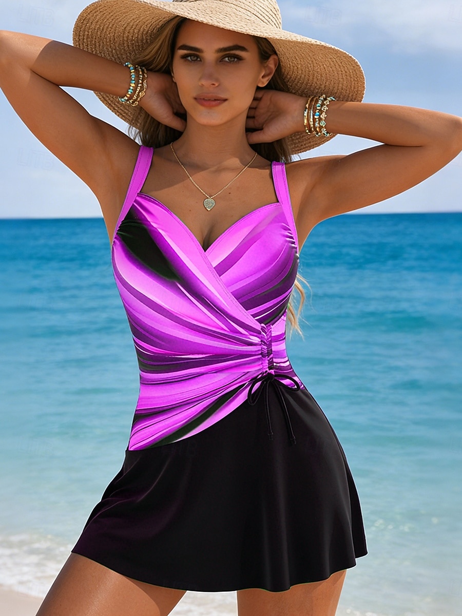 Жен. Купальники Купальники Высокий вырез купальник Рюши Отпуск Винтаж Омбре Графика V-образный вырез Без рукавов Купальники 2026 - $28.99 –P5