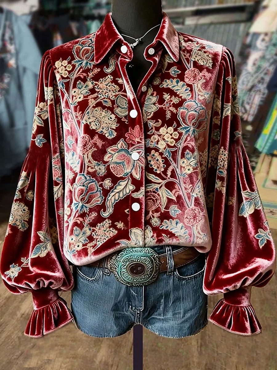 Damen Hemd Blumen Grafik Paisley-Muster Elegant Stilvoll Modern Langarm Hemdkragen Normale Oberteile Täglich Arbeit Party-Abendmode Blau Schwarz Rote Sommer Frühling Herbst Winter 2026 - $48.99 –P3