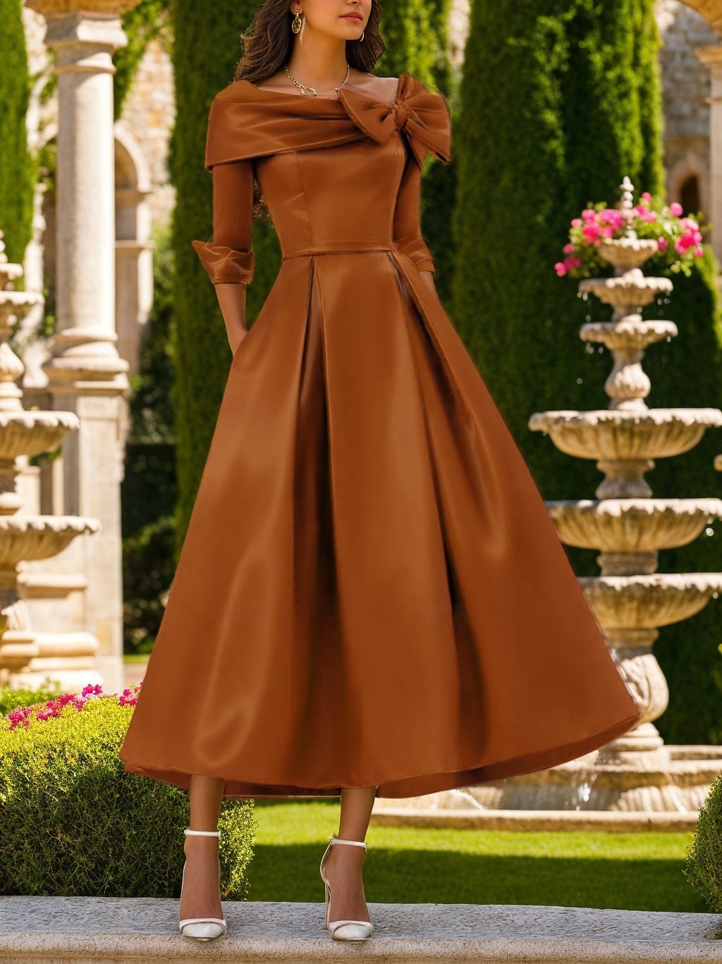 A-Line Tea Length Cocktail Dresses Party Dresses Elegant Vintage 3 4 Length Sleeve Square Neck Wedding Formal Pocket Satin with Bow(s) Pocket