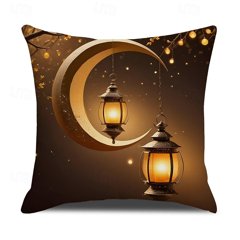 Capa de almofada decorativa para o Ramadã e Eid, lua crescente dourada &Almofada de sofá em estilo étnico com estampa de lanternas, decoração para festivais do Oriente Médio, ideal para sala de estar de 2026 por $13.99 –P4