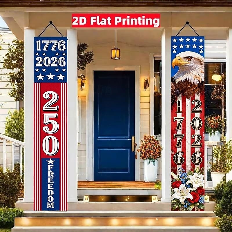 US 250th Anniversary Patriotic Couplet Banner America 250 Years of Freedom Celebration Flag Door Decoration Red White and Blue Party Decor Semiquincentennial Celebration 4th of July Independence Day 2026 - $10.49 –P2