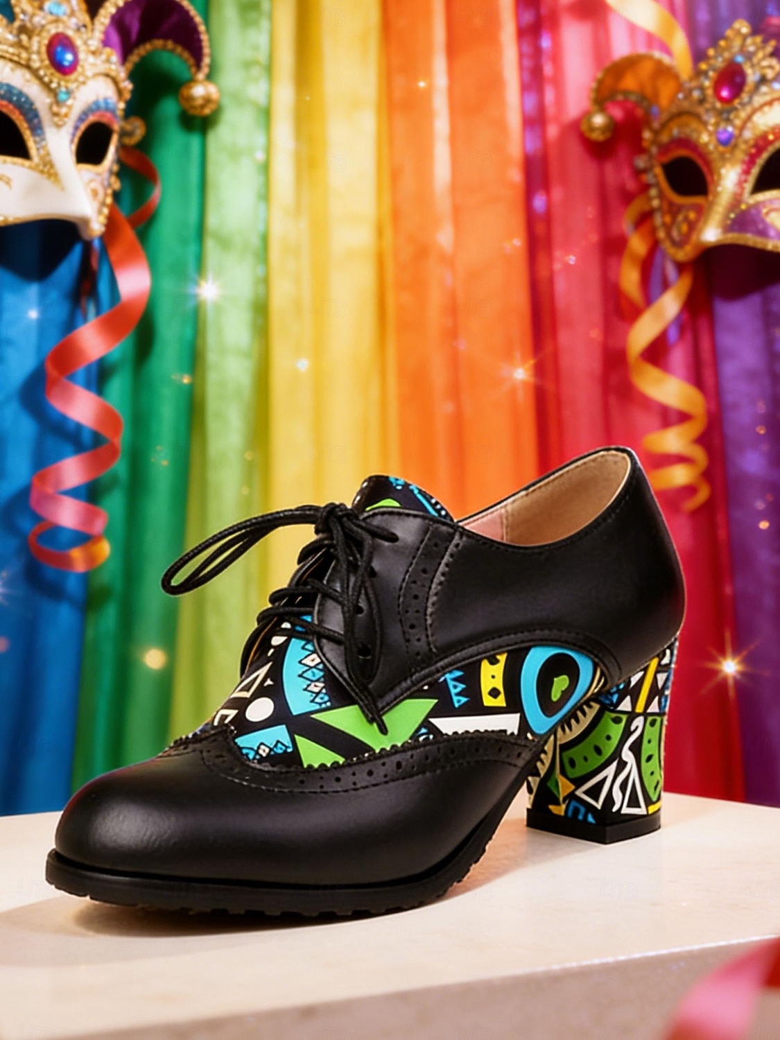 Kvinnors Mardi Gras Gröna Snörning Knasiga Mönstrade Klackar Oxford – Färgglad Karneval Stil Perfekt för Festivalfirande Rolig  Vibrant Look 2026 - $54.99 –P5