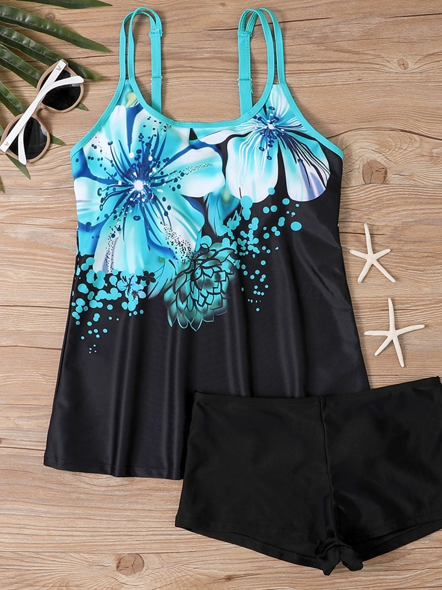 Maillot de bain tankini 2 pièces femme palmiers short contrôle du ventre taille haute slim dos nu vacances plage dégradé géométrique col en U sans manches de 2026 ? $33.99 –P3