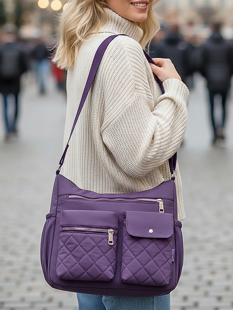 Женская стеганая нейлоновая сумка через плечо с множеством карманов — вместительная водонепроницаемая сумка для путешествий, работы и повседневного использования. 2026 - $26.99 –P1