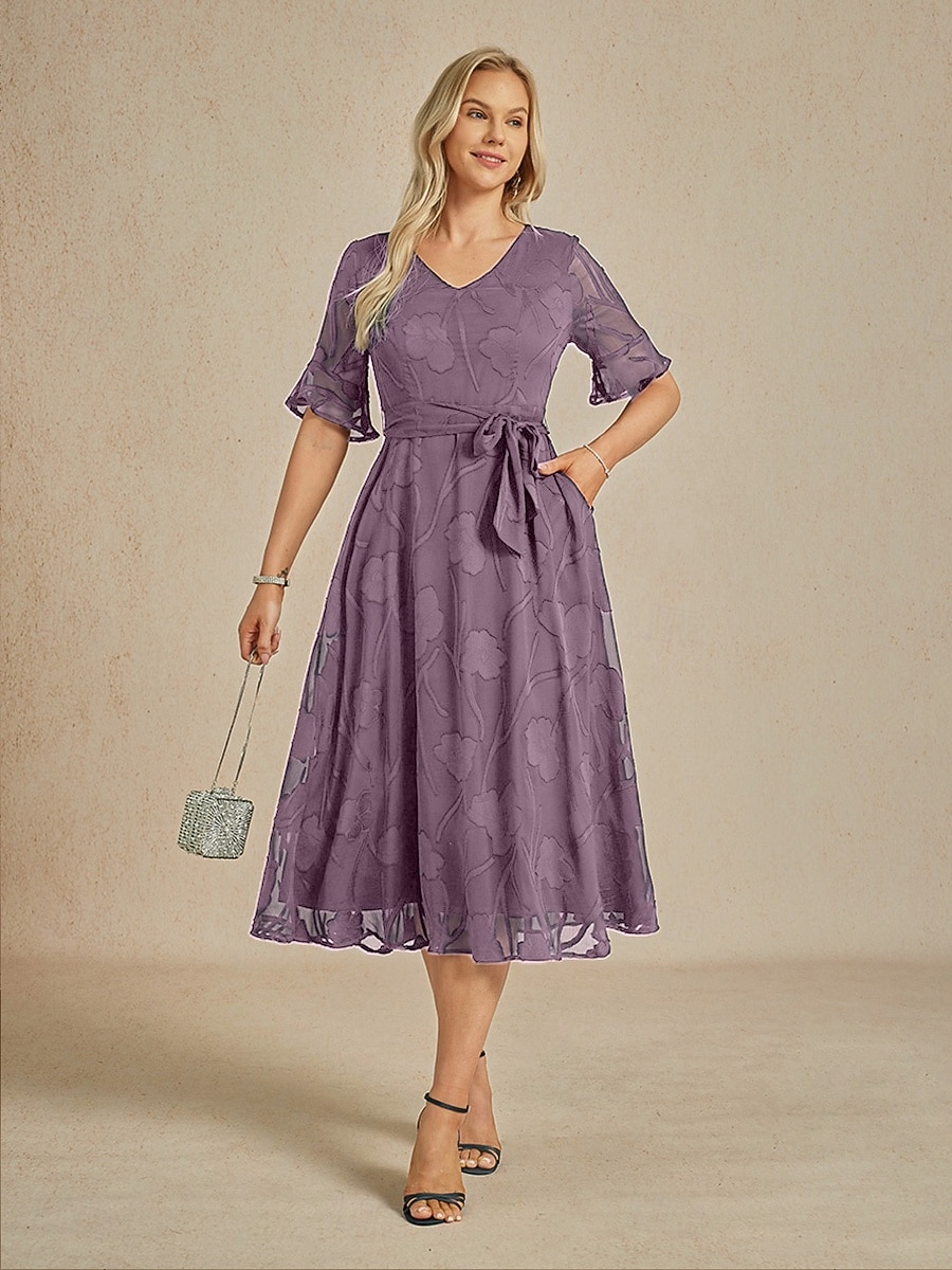 Damen Midikleid Chiffonkleid Elegant Flattrige Ärmel Urlaub Hochzeitsgast Date Tasche Illusionsspitze Normale Passform Blumen Halbarm V Ausschnitt Violett 2026 - $103.99 –P3