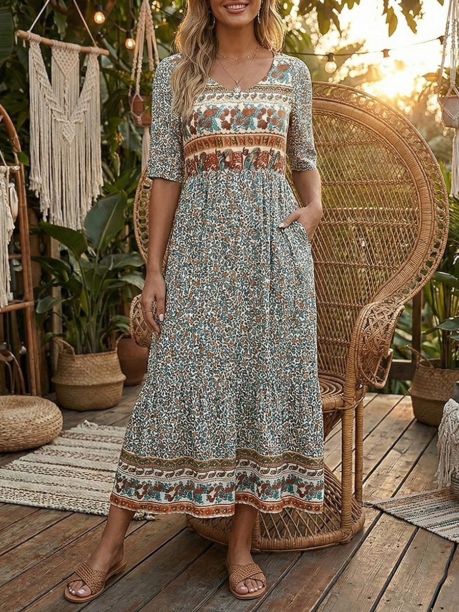 Damen Maxikleid Freizeitkleid Schwingkleid A Linie Kleid Boho-Kleid Lässig Täglich Herbstkleid Normale Passform Blumen Kurzarm V Ausschnitt Schwarz Rote Marineblau Königliches Blau Frühling Herbst 2026 - $27.99 –P1
