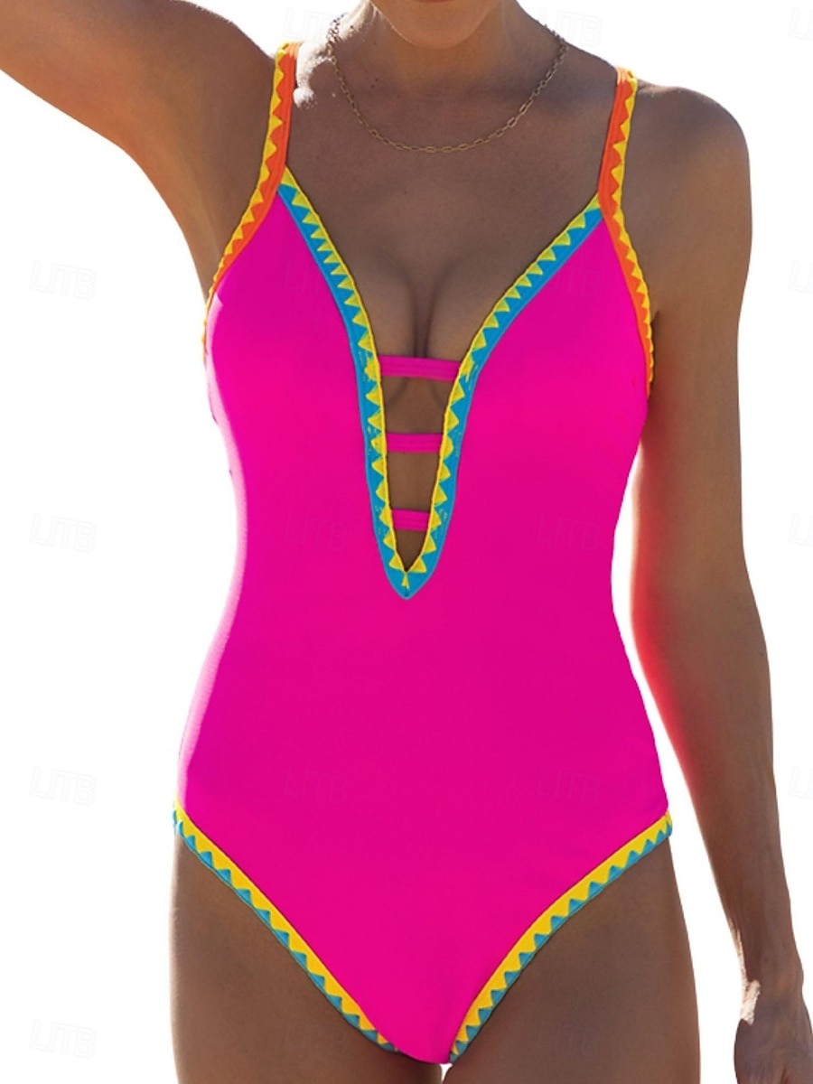Женский купальник из 1 предмета стройнящий сексуальный с вырезом монокини высокая спортивная линия контроль живота высокая талия узкий без спинки для отпуска пляжная одежда цветной блок V-образный 2026 - $10.49 –P7