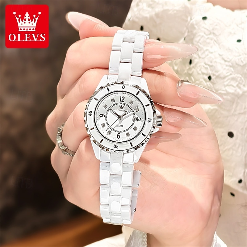 2026年 新しいOlevsの母の日ギフトは、ルミナス針とデジタル表示のホワイトセラミック 韓国版学生用クオーツ時計カジュアル防水腕時計のファッショナブルで高級な時計です  コレクション – $61.99 –P14