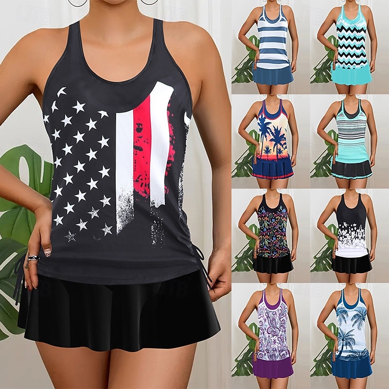 Γυναικείο Μαγιό Ταγκίνι 2 Τεμαχίων Φούστα Έλεγχος Κοιλιάς Ψηλός Ορθοστάτης Σλιμ Ανοιχτή Πλάτη Διακοπές Παραλία Φορέματα Σημαία Ράσβερ  U Λαιμός Αμάνικο 2026 - $33.99 –P1