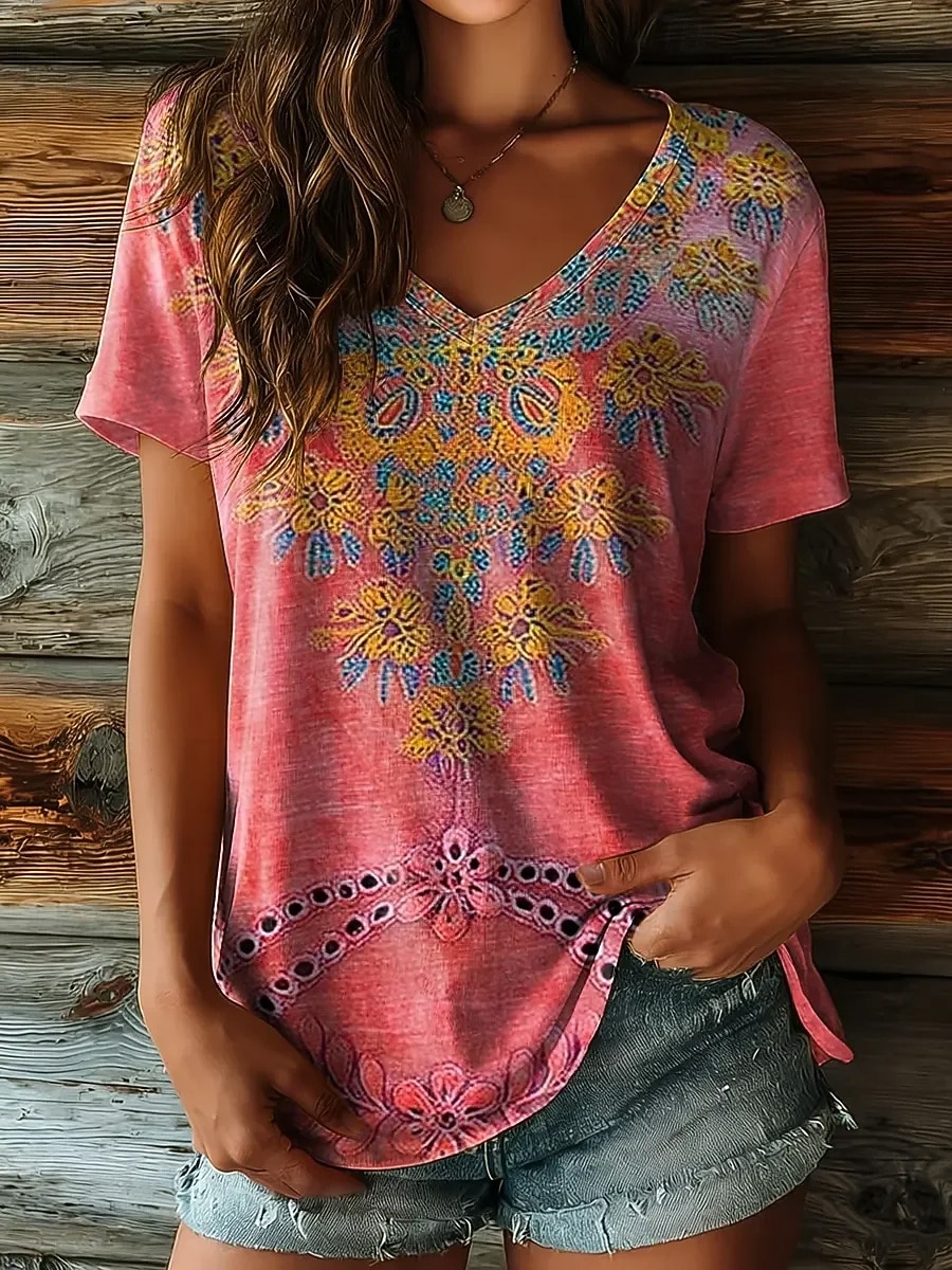 Pentru femei Tricou Imprimeu Floral Grafic Epocă Stilat Casual Manșon scurt În V Topuri obișnuite Zilnic Albastru piscină Roz Îmbujorat Mov Vară Primăvară 2026 - $21.99 –P2