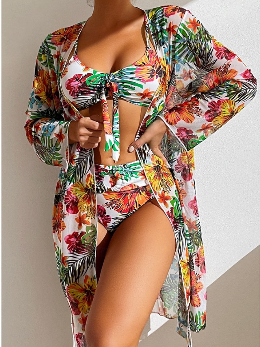 Naisten bikinit 3-osainen uimapuku palm alushousut slim selkä avoin lomaranta-asu kukkakuviolla lehtikuvio pyöreä kaula-aukkoinen hihaton uimapuku 2026 - $33.99 –P3