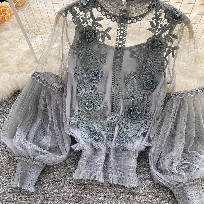 Γυναικεία Μπλούζα Δαντέλα Κουρελού Σκέτο Βίντατζ Στυλάτο Μακρυμάνικο Ζιβάγκο Κανονικά μπλουζάκια Καθημερινά Εξόδου Θαλασσί Μαύρο Λευκό Χακί Σομόν Καλοκαίρι Άνοιξη Φθινόπωρο Χειμώνας 2026 - $23.99 –P9