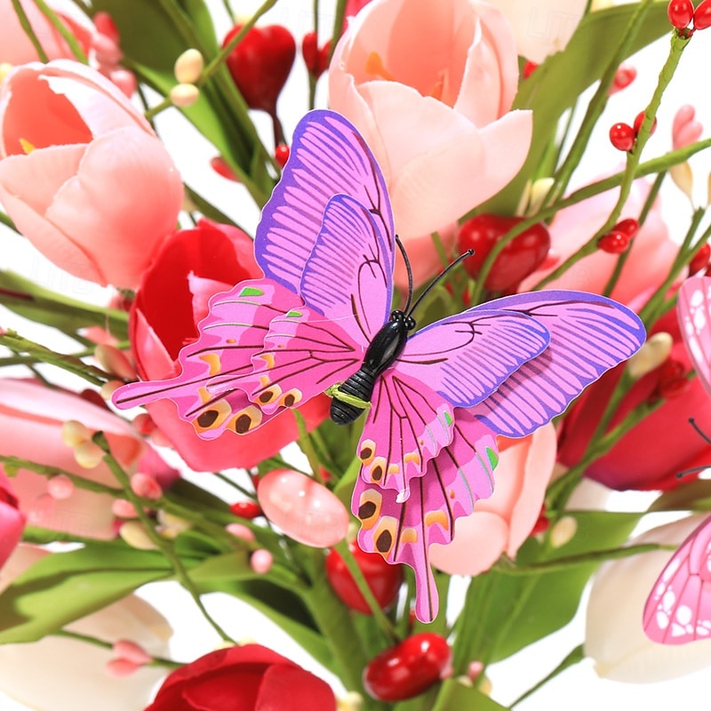 3 ks umělých stonků tulipánů, umělé květiny na Den matek, Den žen, Valentýna, svatbu, bytové dekorace, zeleň, motýlí akcenty, květinová aranžmá 2026 - $28.99 –P4