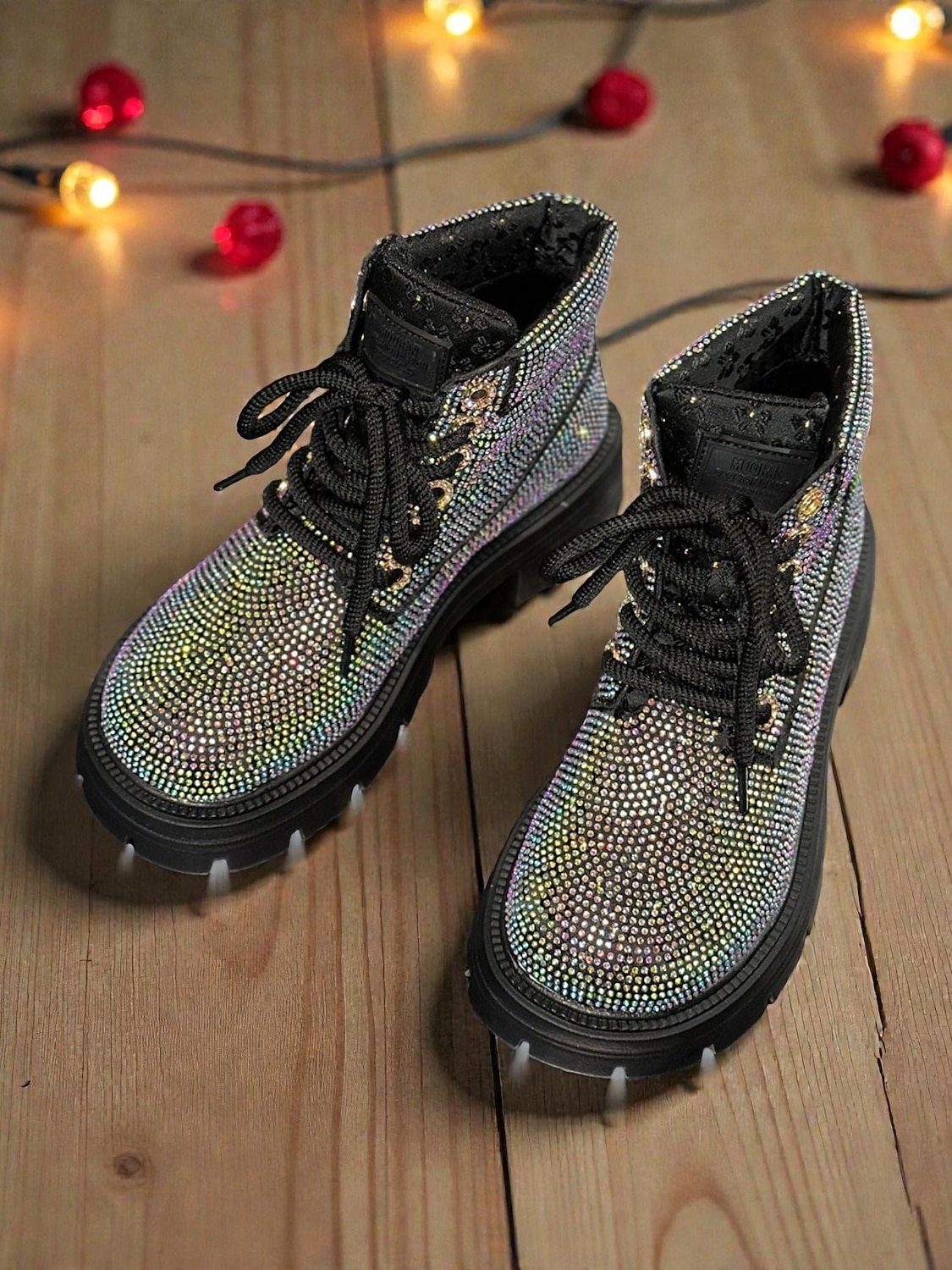 stivaletti allacciati con glitter da donna - stivali da combattimento con plateau e strass scintillanti, stile trendy per la vita notturna, per feste e club &abiti da sera del 2026 a $59.99 –P5