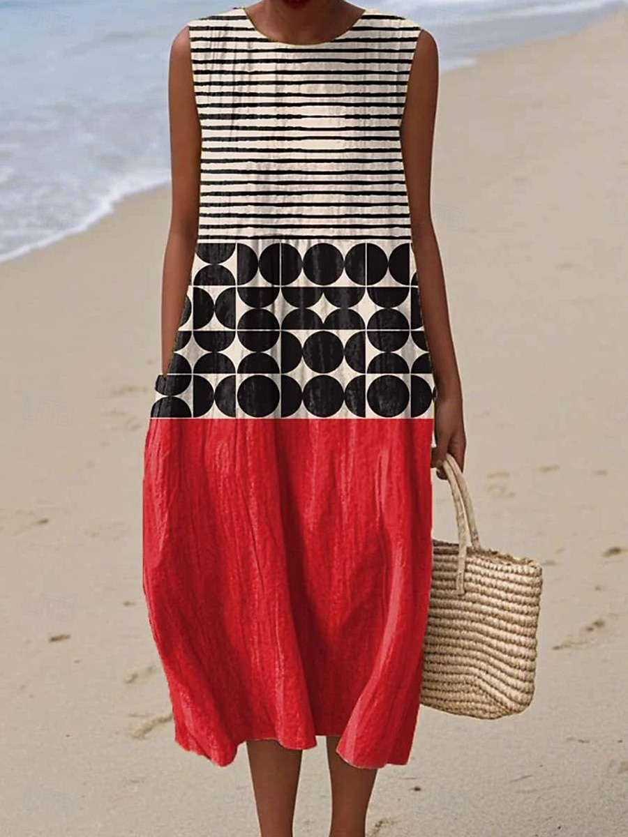 Γυναικείο Midi Φόρεμα Λινό Φορέμα Ήλιου Σαφάρι Φόρεμα Α-Γραμμή Φόρεμα Διακοπών Καθημερινό Μποχό Παραλία Βγαίνοντας Χαλαρή Εφαρμογή Γραφικά Γεωμετρικά Αμάνικο Crew Neck Μπλε Κόκκινο Καφέ Πράσινο 2026 - $16.49 –P2